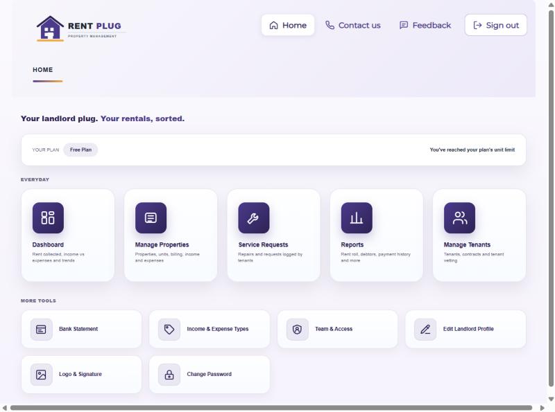 Rentplug home screen with Everyday tiles and More tools