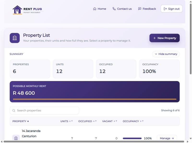 Property List screen with summary figures and the New Property button